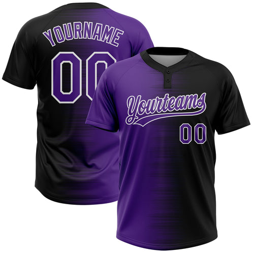 Custom Black Purple-White Gradient Horizontal Stripe Two-Button Unisex Softball Jersey