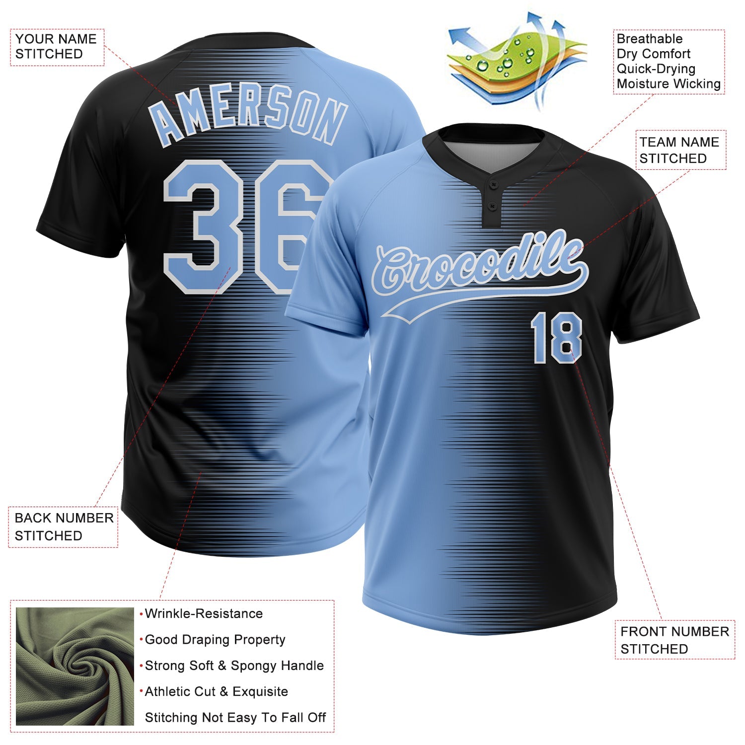 Custom Black Light Blue-White Gradient Horizontal Stripe Two-Button Unisex Softball Jersey