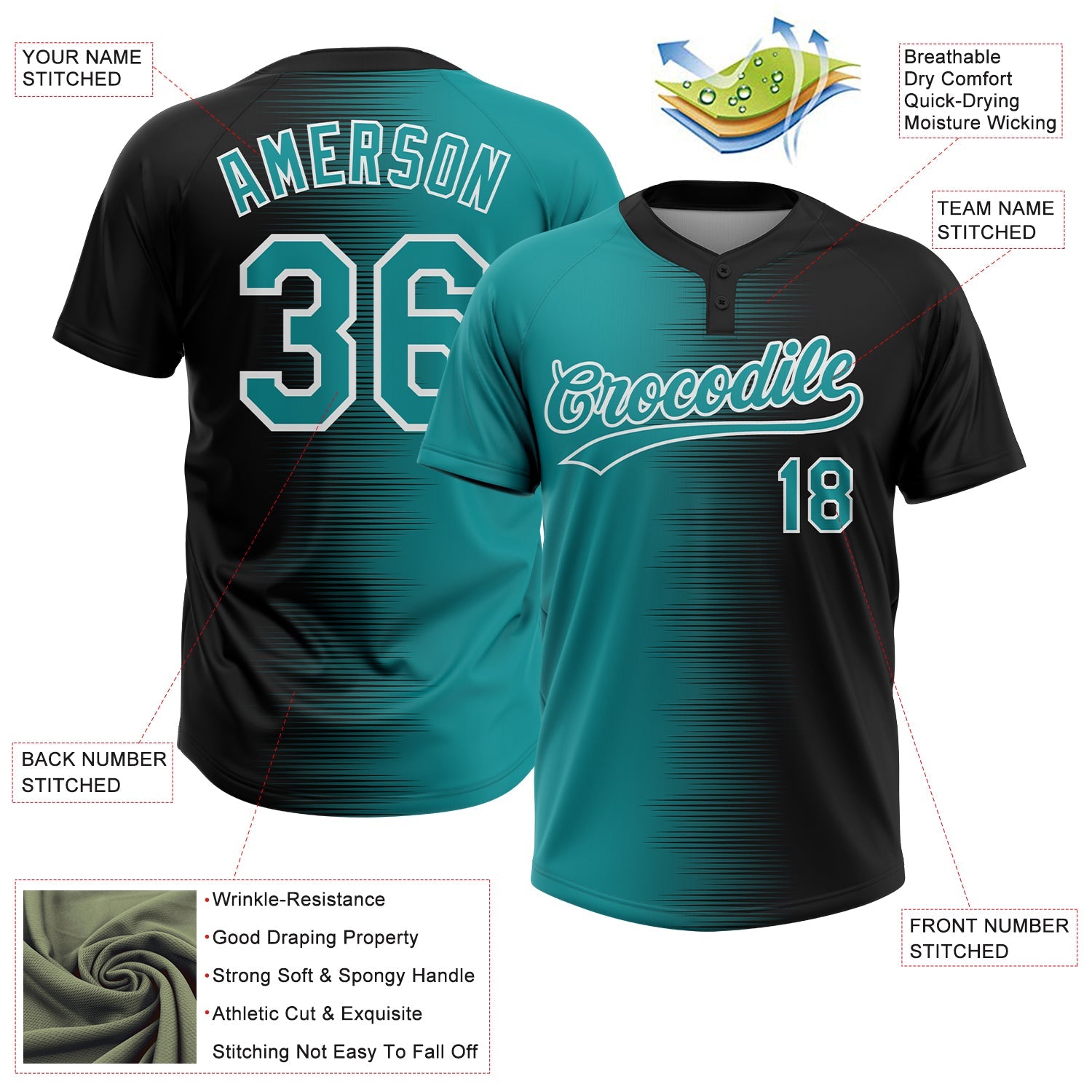 Custom Black Teal-White Gradient Horizontal Stripe Two-Button Unisex Softball Jersey