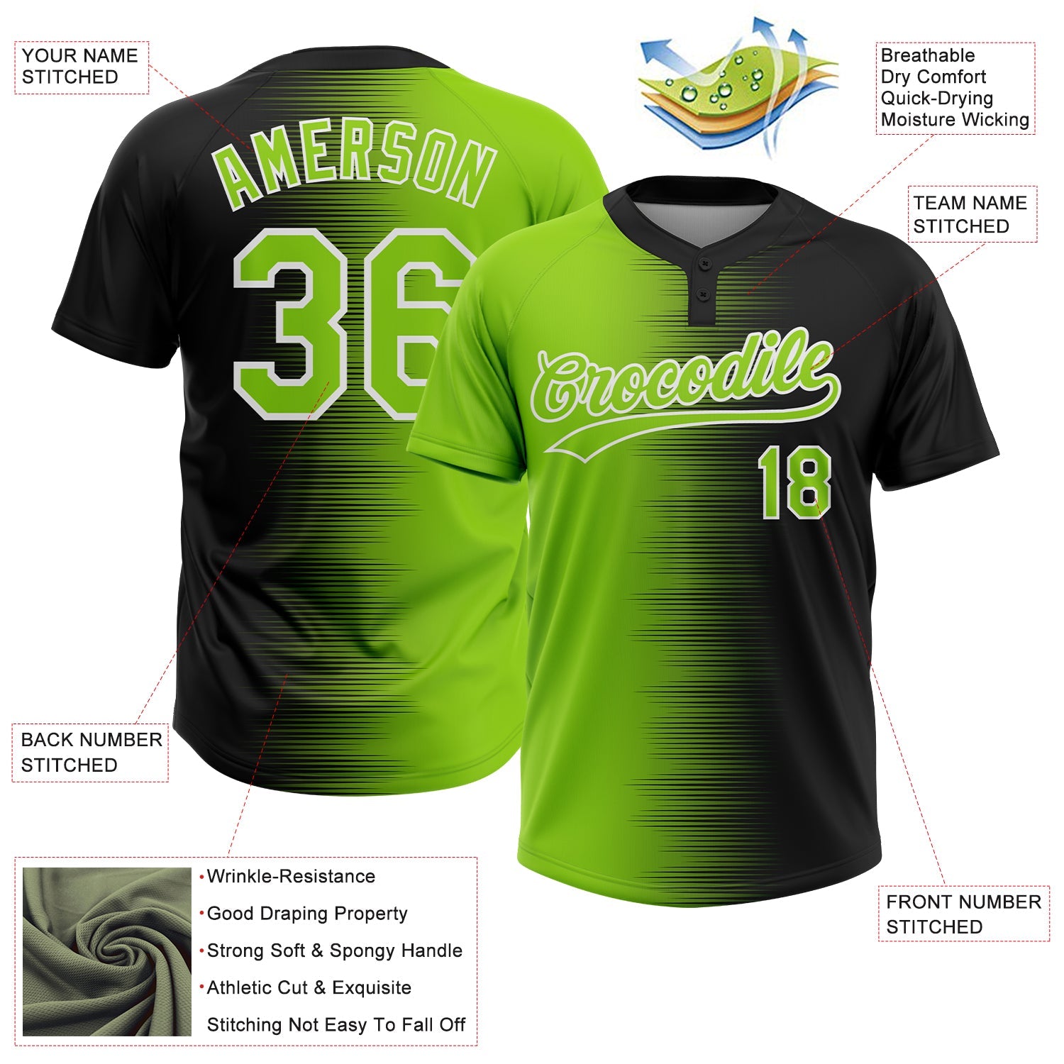 Custom Black Neon Green-White Gradient Horizontal Stripe Two-Button Unisex Softball Jersey