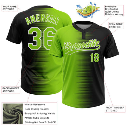 Custom Black Neon Green-White Gradient Horizontal Stripe Two-Button Unisex Softball Jersey