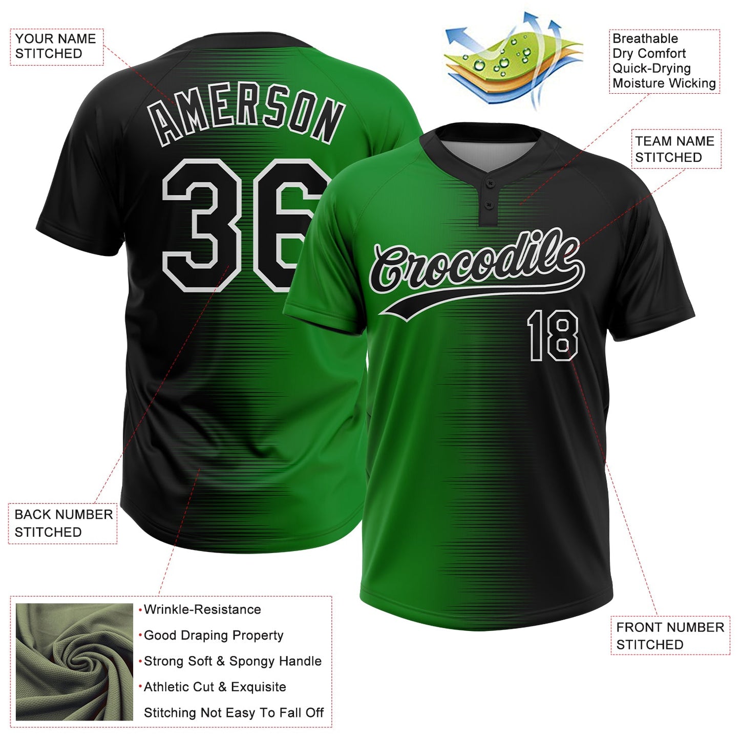 Custom Black Grass Green-White Gradient Horizontal Stripe Two-Button Unisex Softball Jersey