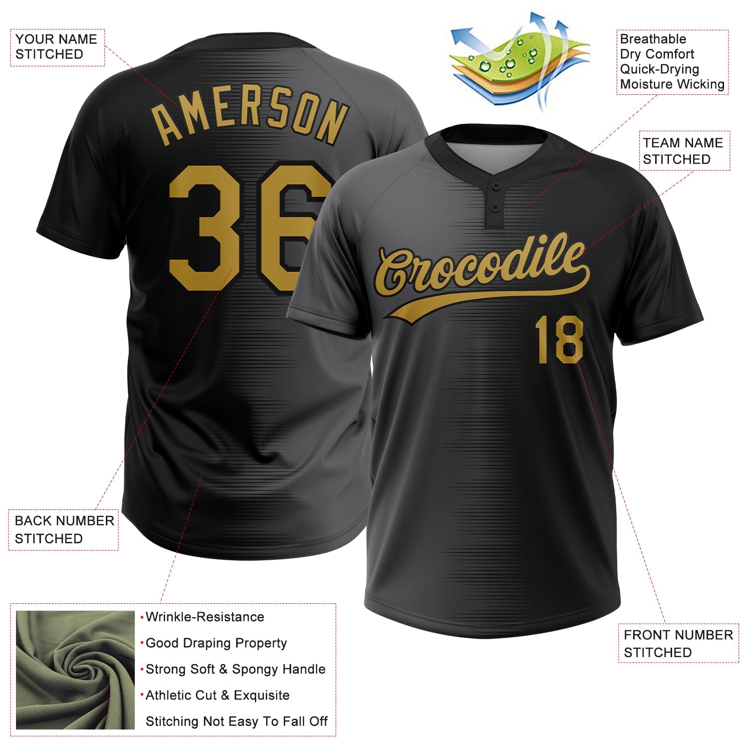 Custom Black Old Gold-Gray Gradient Horizontal Stripe Two-Button Unisex Softball Jersey