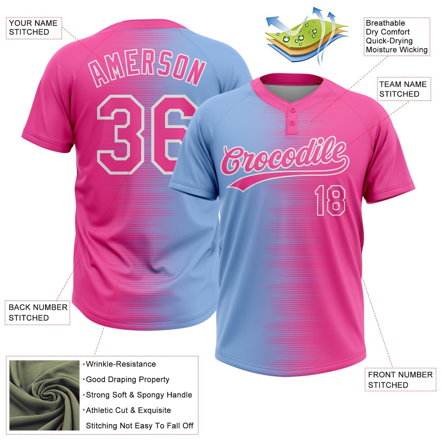 Custom Pink Light Blue-White Gradient Horizontal Stripe Two-Button Unisex Softball Jersey