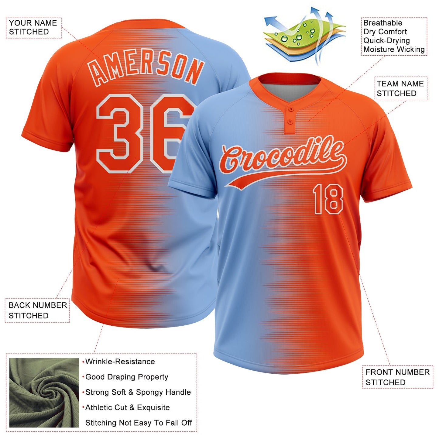 Custom Orange Light Blue-White Gradient Horizontal Stripe Two-Button Unisex Softball Jersey
