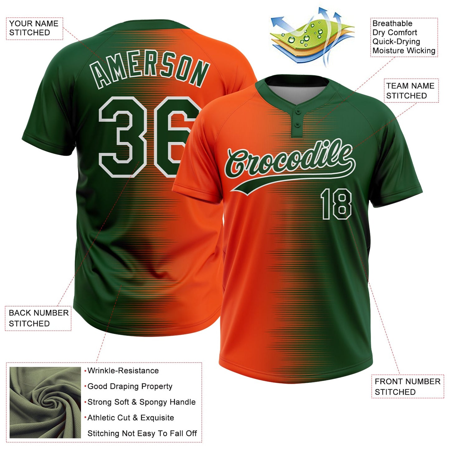 Custom Green Orange-White Gradient Horizontal Stripe Two-Button Unisex Softball Jersey