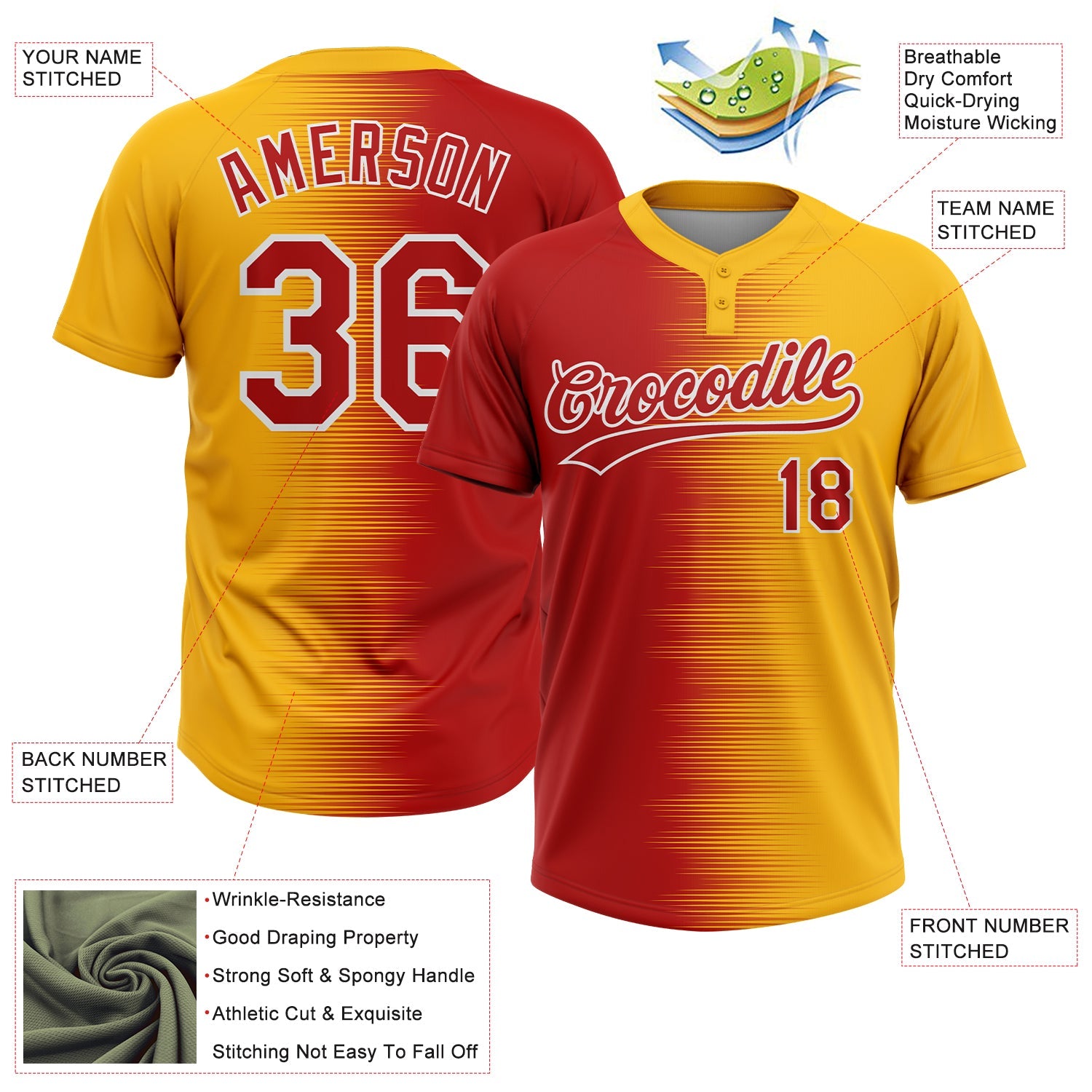 Custom Gold Red-White Gradient Horizontal Stripe Two-Button Unisex Softball Jersey