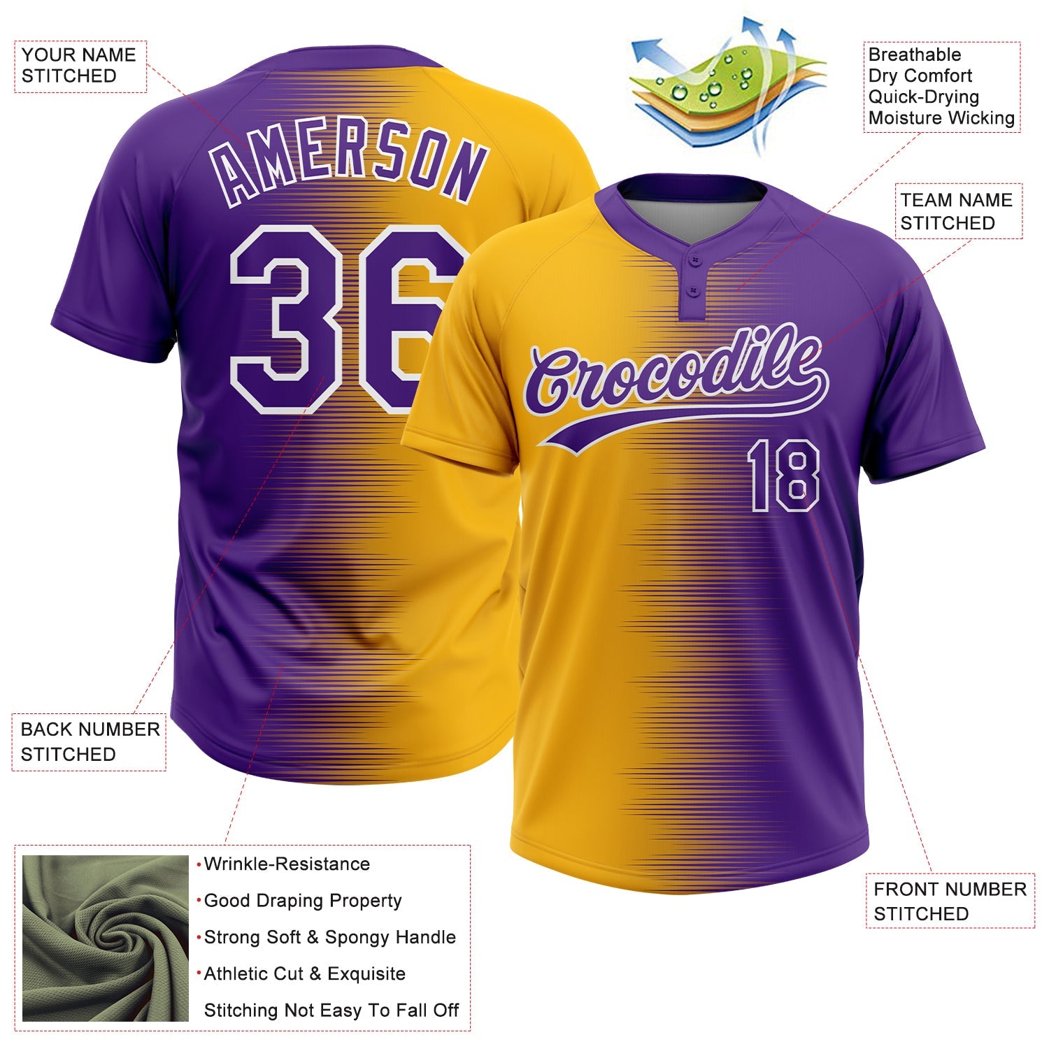 Custom Gold Purple-White Gradient Horizontal Stripe Two-Button Unisex Softball Jersey