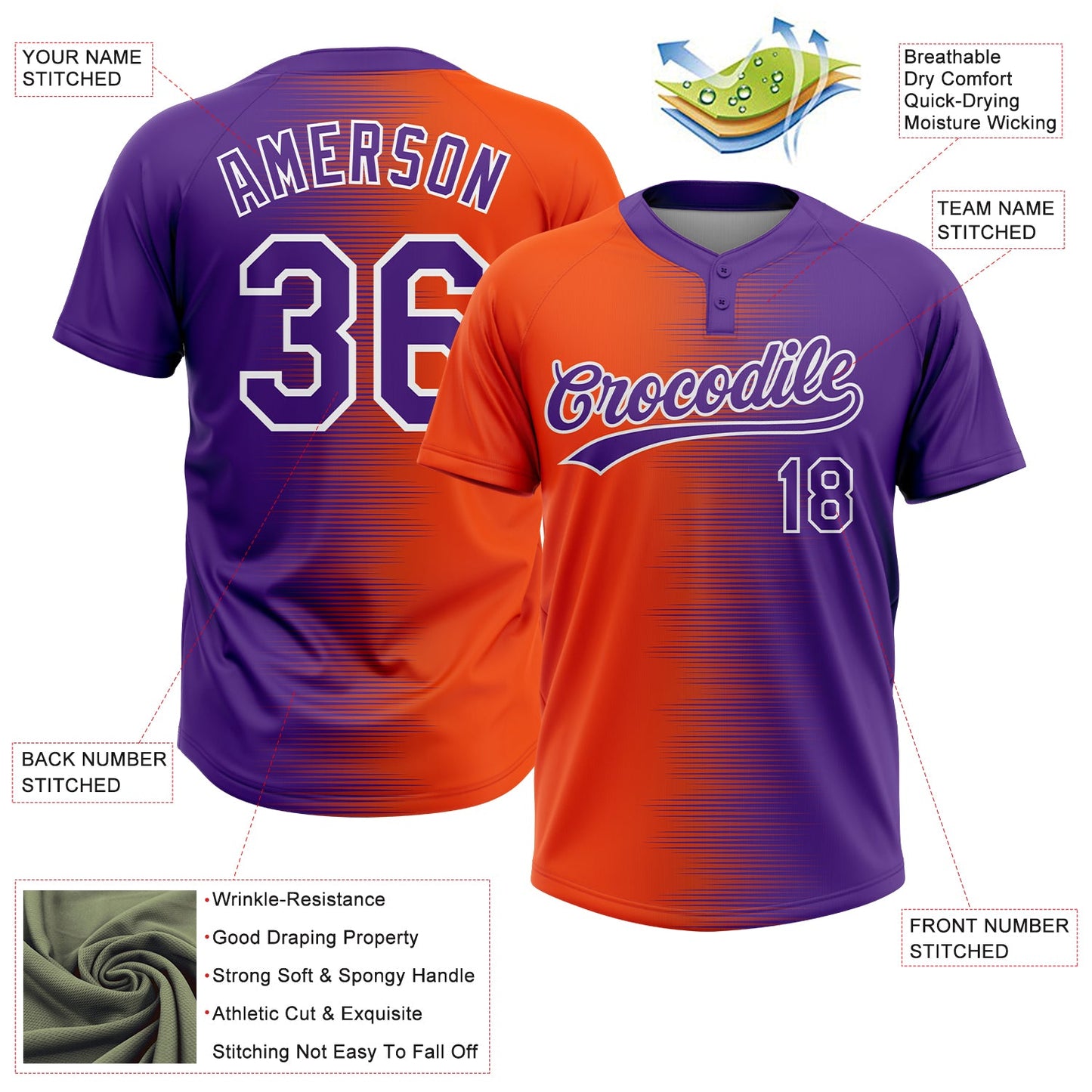 Custom Orange Purple-White Gradient Horizontal Stripe Two-Button Unisex Softball Jersey