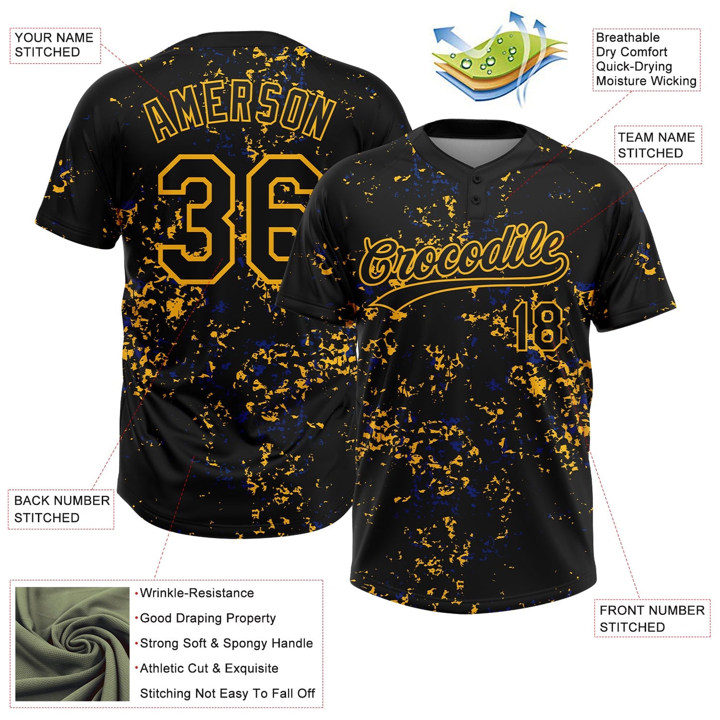 Custom Black Gold-Royal Abstract Shattered Paint Splatter Two-Button Unisex Softball Jersey