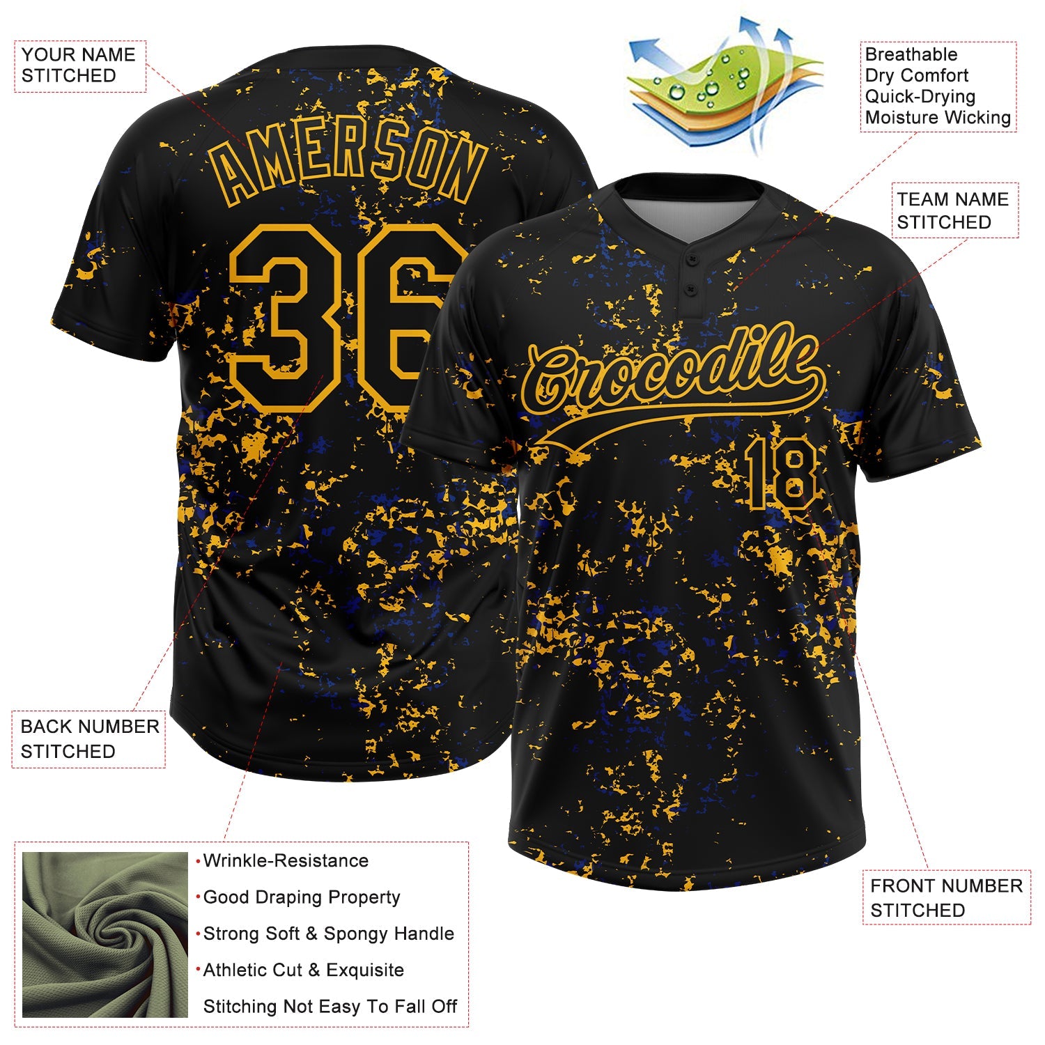 Custom Black Gold-Royal Abstract Shattered Paint Splatter Two-Button Unisex Softball Jersey