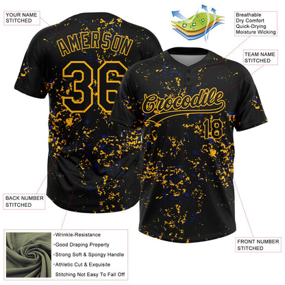 Custom Black Gold-Royal Abstract Shattered Paint Splatter Two-Button Unisex Softball Jersey