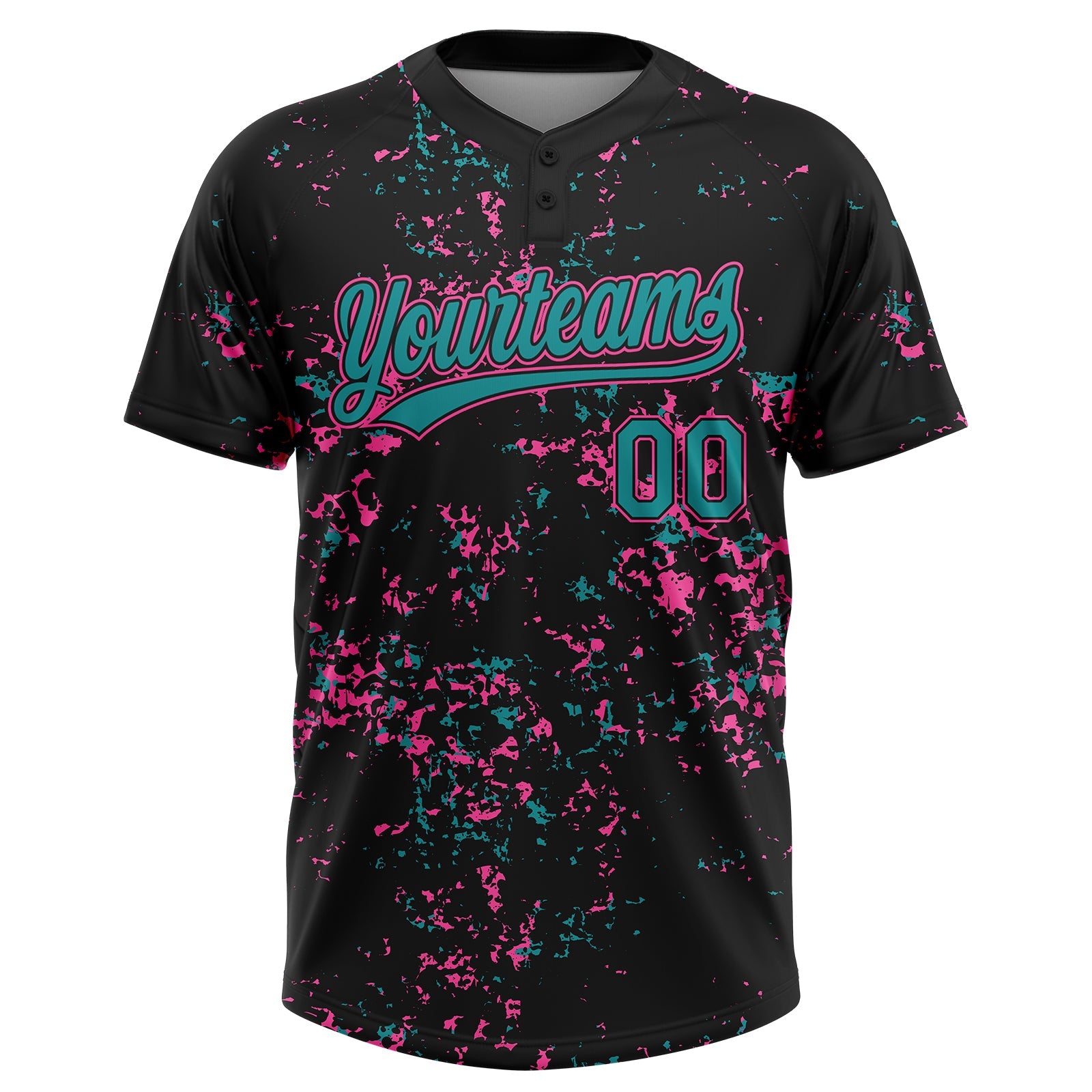 Custom Black Teal-Pink Abstract Shattered Paint Splatter Two-Button Unisex Softball Jersey
