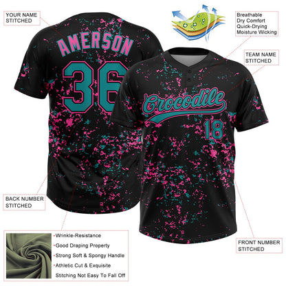 Custom Black Teal-Pink Abstract Shattered Paint Splatter Two-Button Unisex Softball Jersey