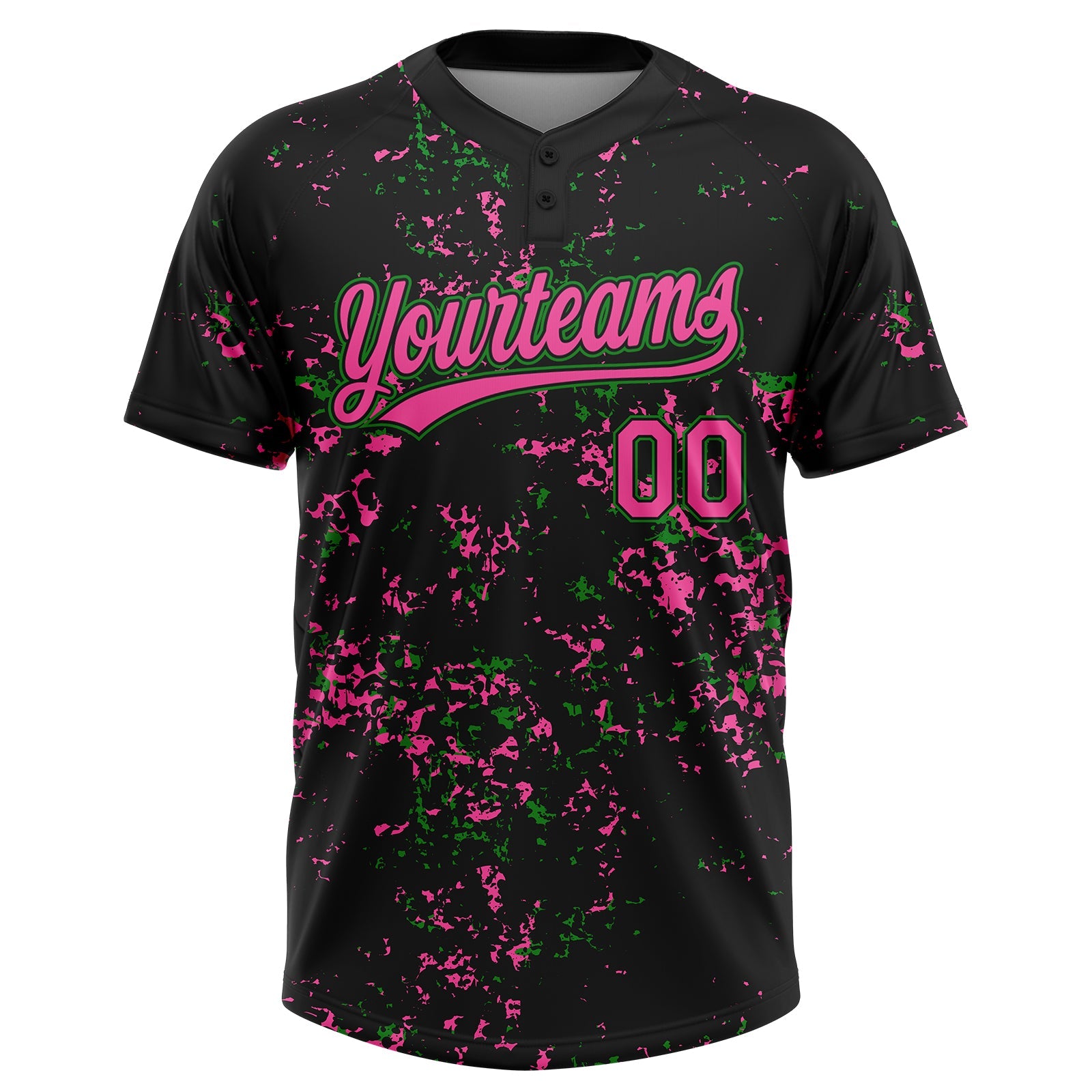 Custom Black Pink-Grass Green Abstract Shattered Paint Splatter Two-Button Unisex Softball Jersey