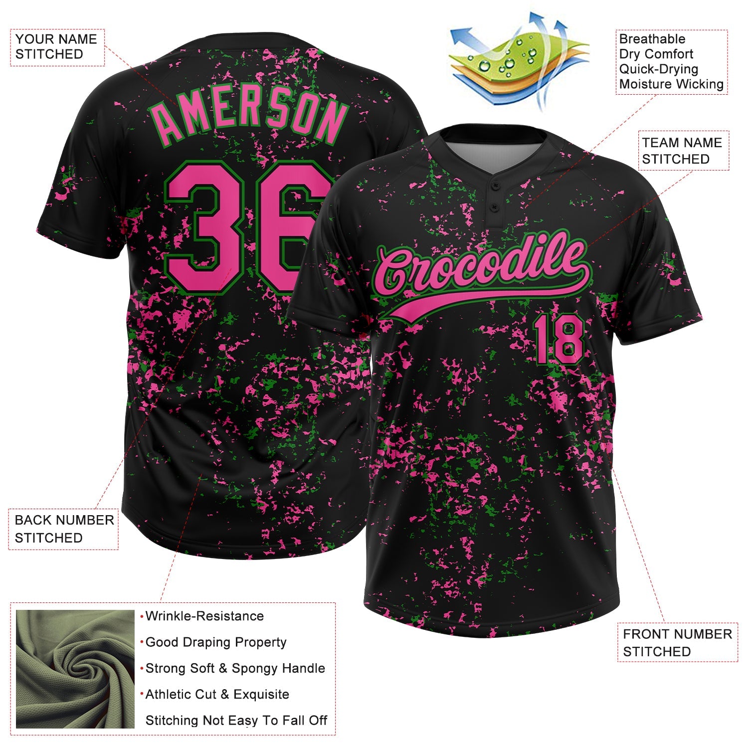 Custom Black Pink-Grass Green Abstract Shattered Paint Splatter Two-Button Unisex Softball Jersey