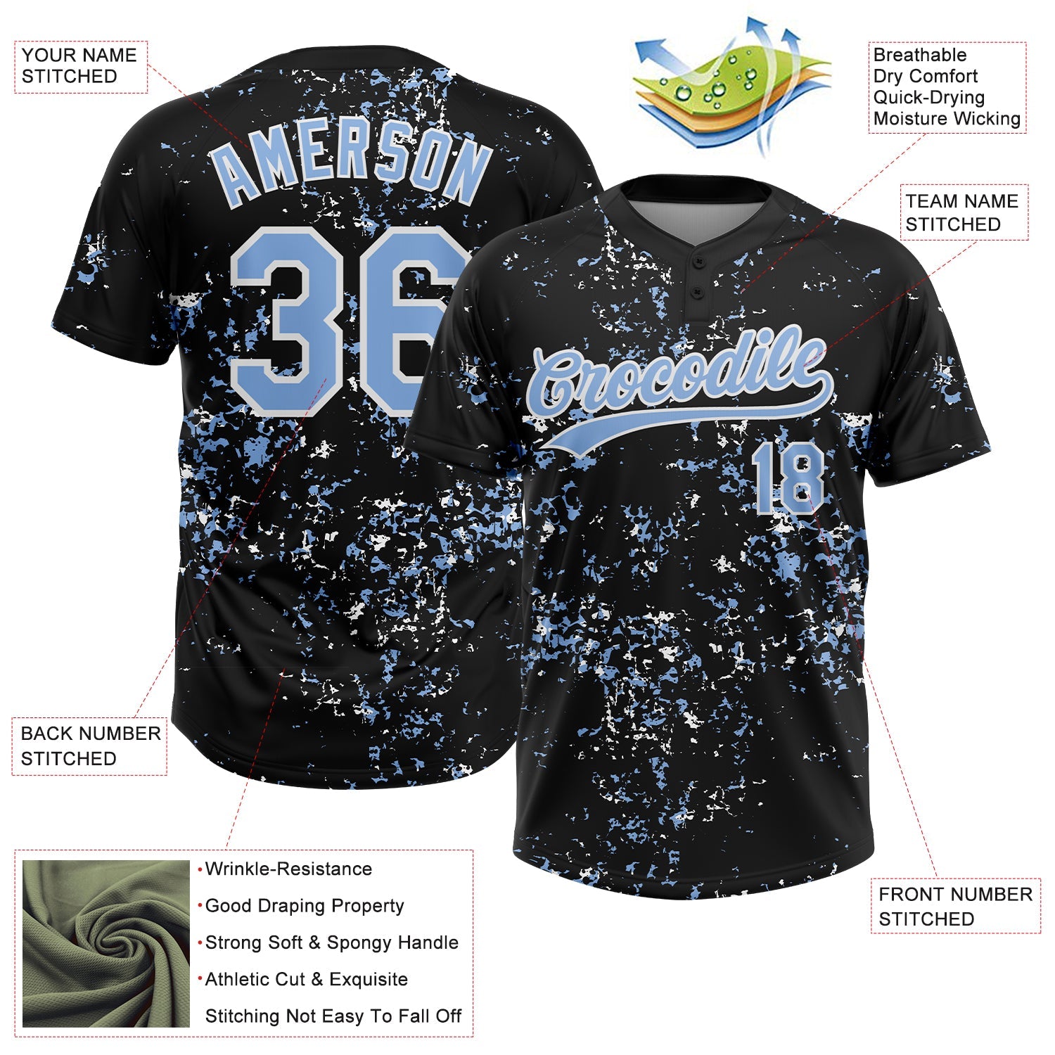 Custom Black Light Blue-White Abstract Shattered Paint Splatter Two-Button Unisex Softball Jersey