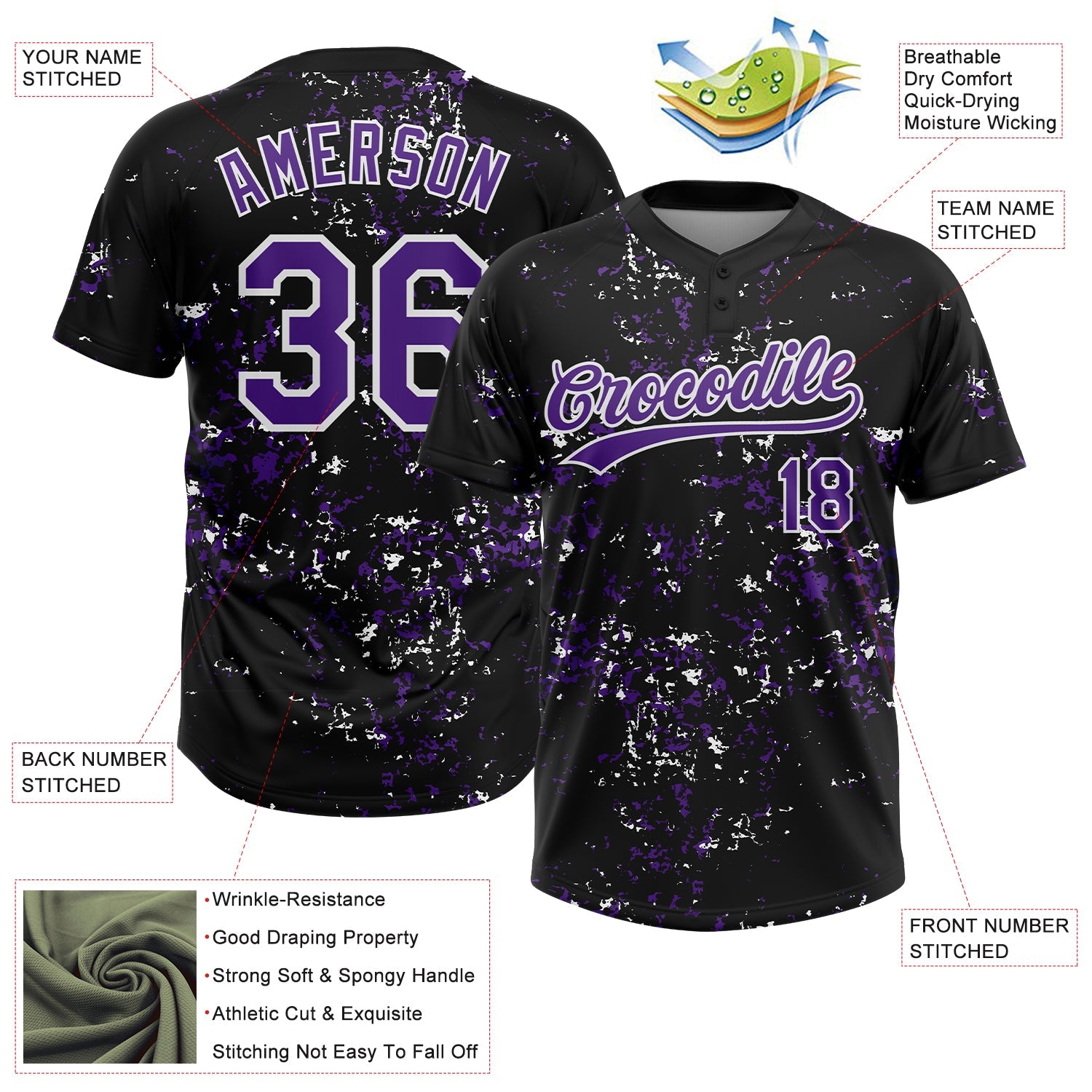 Custom Black Purple-White Abstract Shattered Paint Splatter Two-Button Unisex Softball Jersey