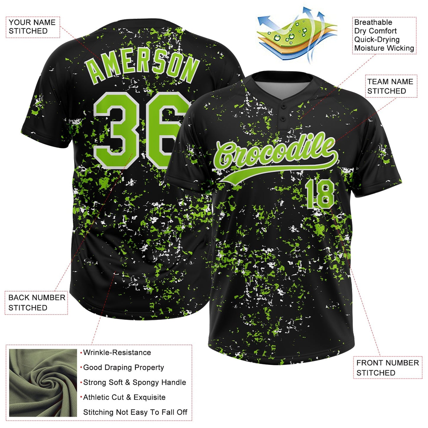 Custom Black Neon Green-White Abstract Shattered Paint Splatter Two-Button Unisex Softball Jersey