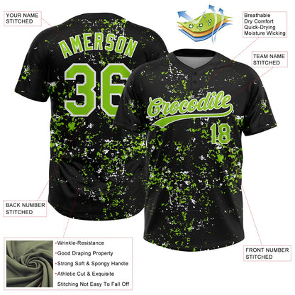 Custom Black Neon Green-White Abstract Shattered Paint Splatter Two-Button Unisex Softball Jersey