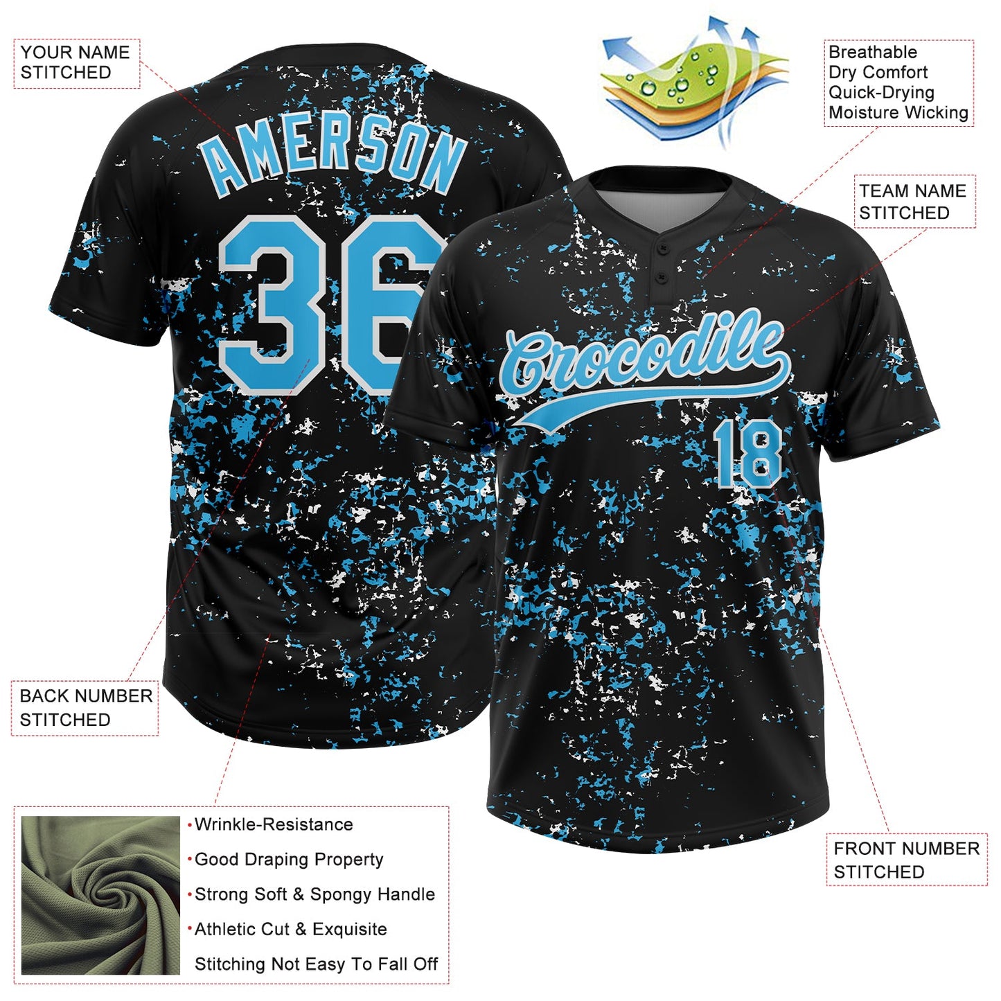Custom Black Sky Blue-White Abstract Shattered Paint Splatter Two-Button Unisex Softball Jersey