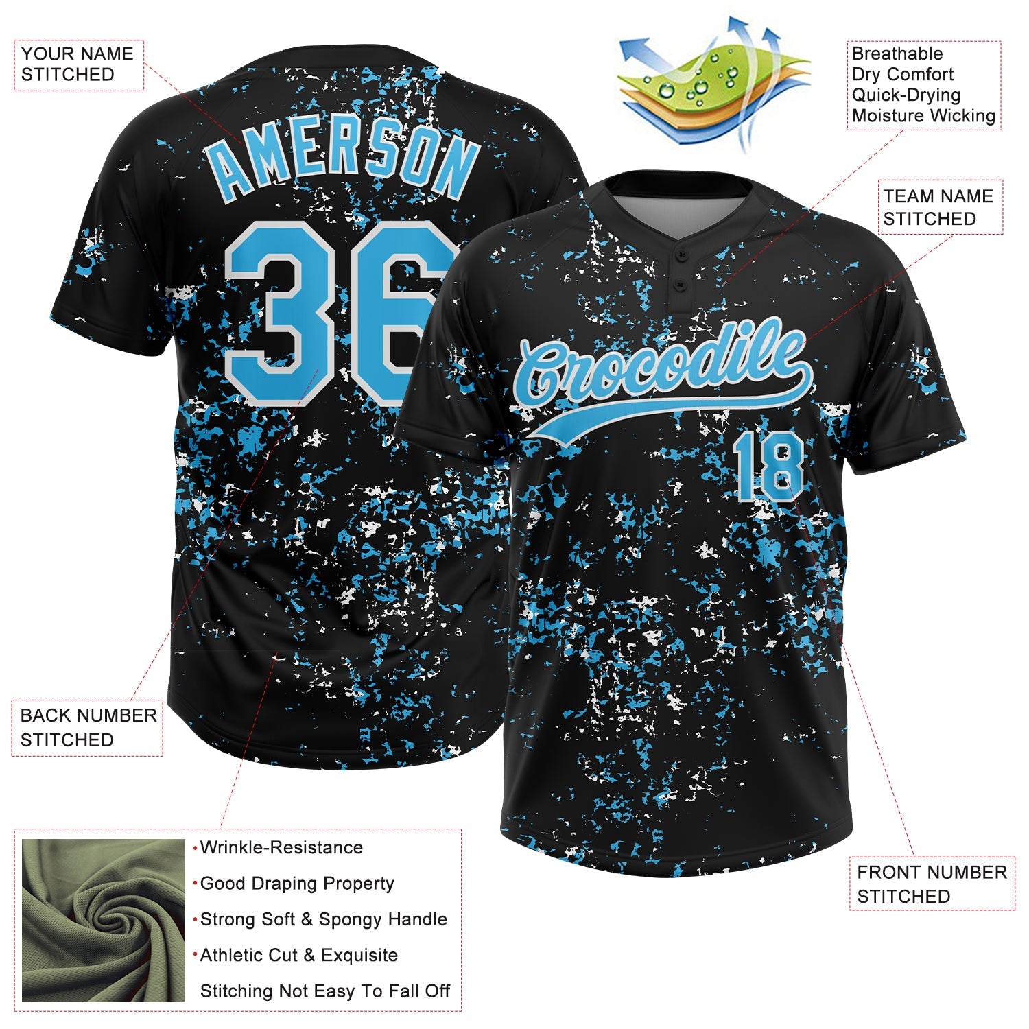 Custom Black Sky Blue-White Abstract Shattered Paint Splatter Two-Button Unisex Softball Jersey