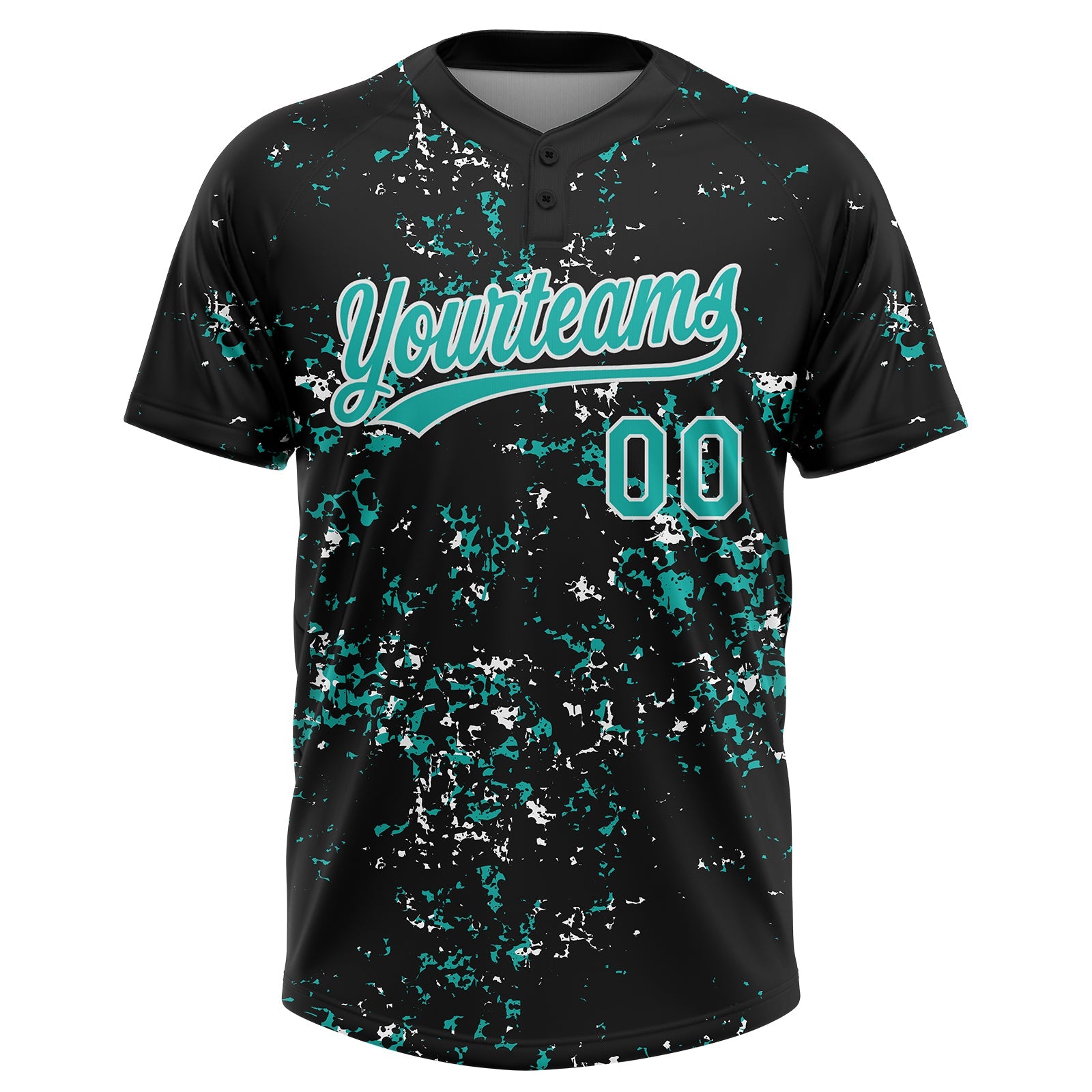 Custom Black Aqua-White Abstract Shattered Paint Splatter Two-Button Unisex Softball Jersey