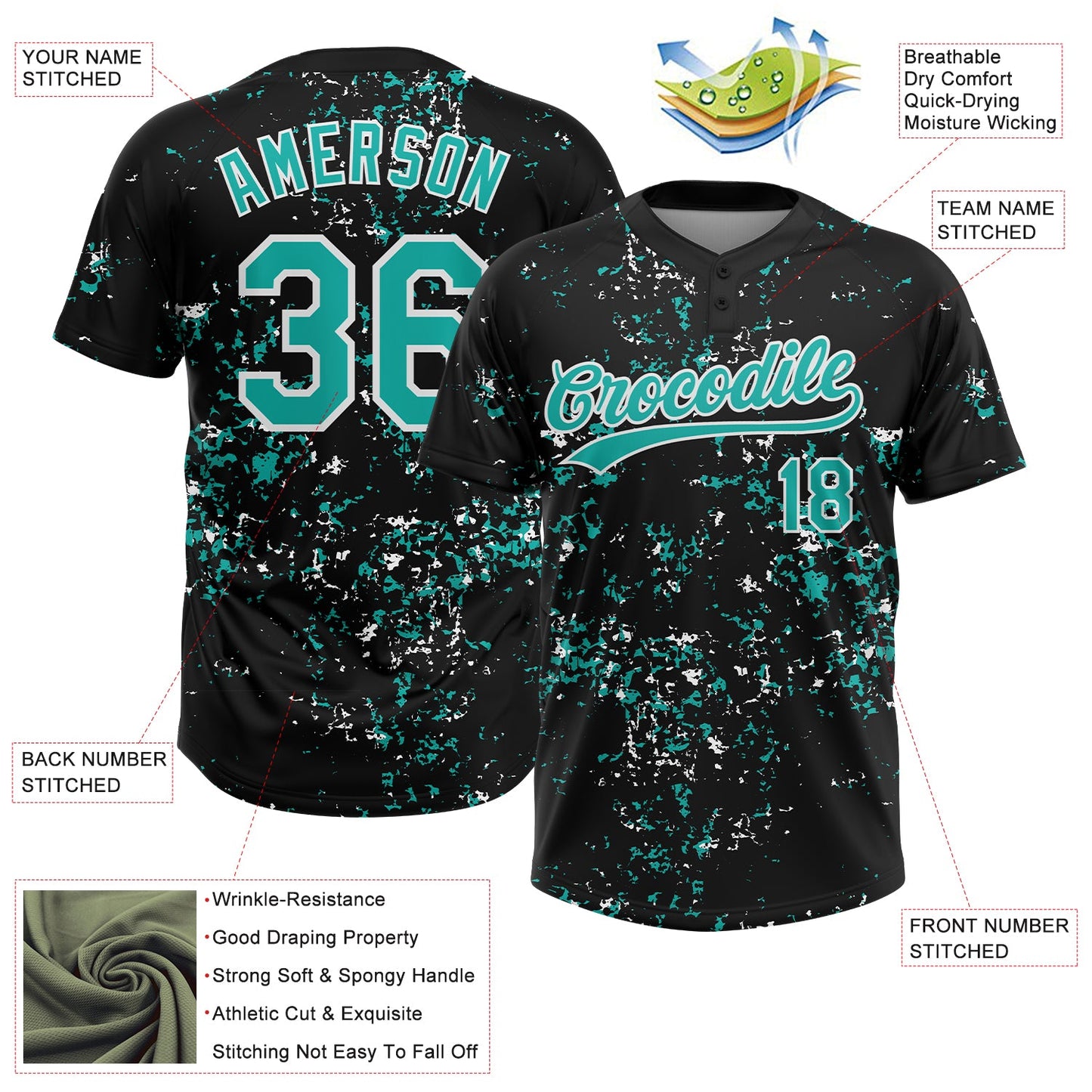 Custom Black Aqua-White Abstract Shattered Paint Splatter Two-Button Unisex Softball Jersey