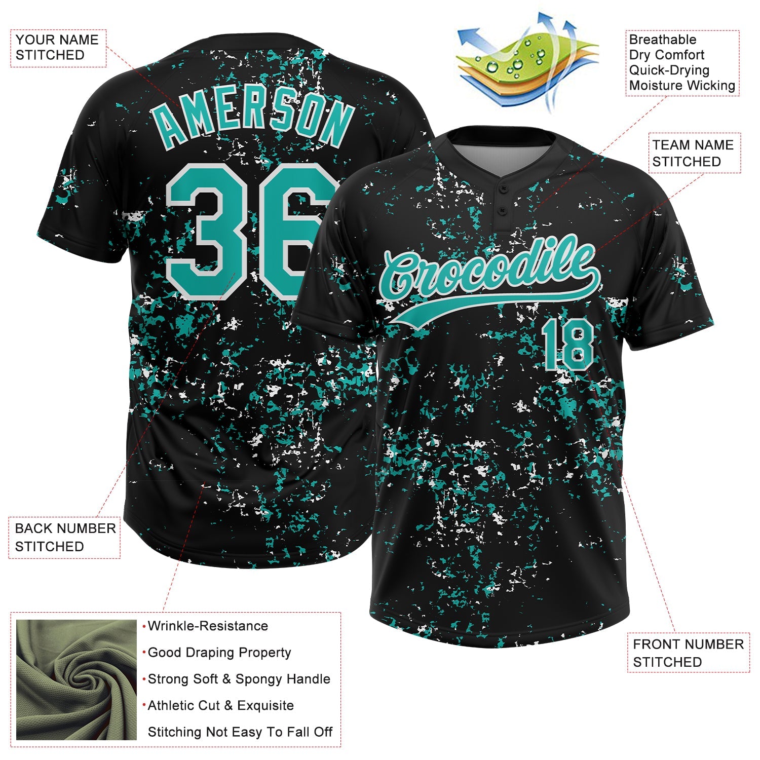 Custom Black Aqua-White Abstract Shattered Paint Splatter Two-Button Unisex Softball Jersey
