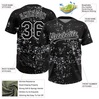 Custom Black White-Light Gray Abstract Shattered Paint Splatter Two-Button Unisex Softball Jersey