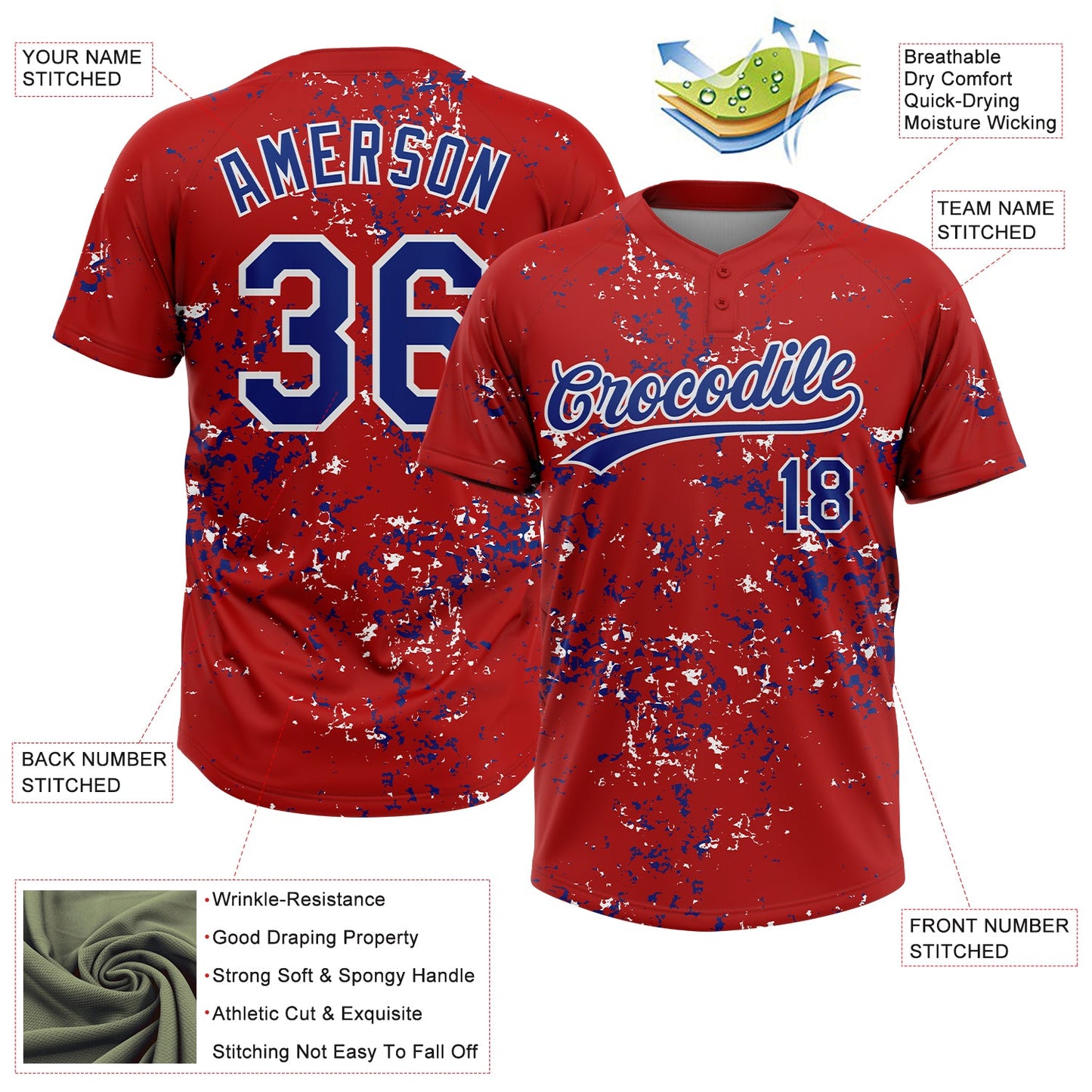 Custom Red Royal-White Abstract Shattered Paint Splatter Two-Button Unisex Softball Jersey