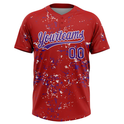 Custom Red Purple-White Abstract Shattered Paint Splatter Two-Button Unisex Softball Jersey
