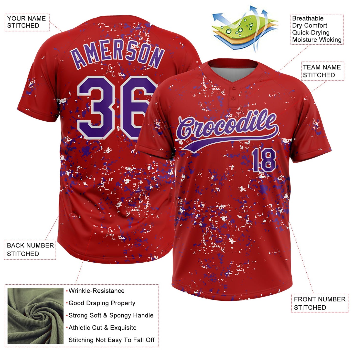 Custom Red Purple-White Abstract Shattered Paint Splatter Two-Button Unisex Softball Jersey