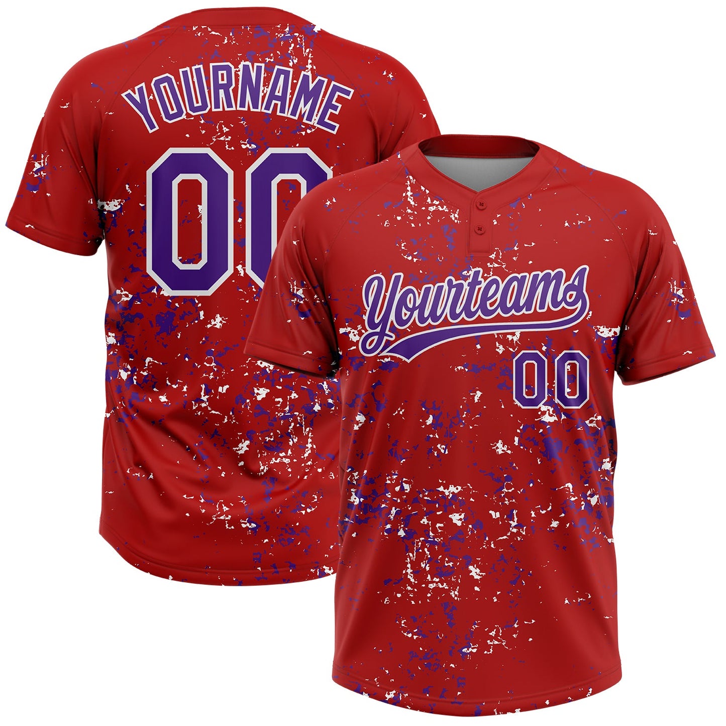 Custom Red Purple-White Abstract Shattered Paint Splatter Two-Button Unisex Softball Jersey