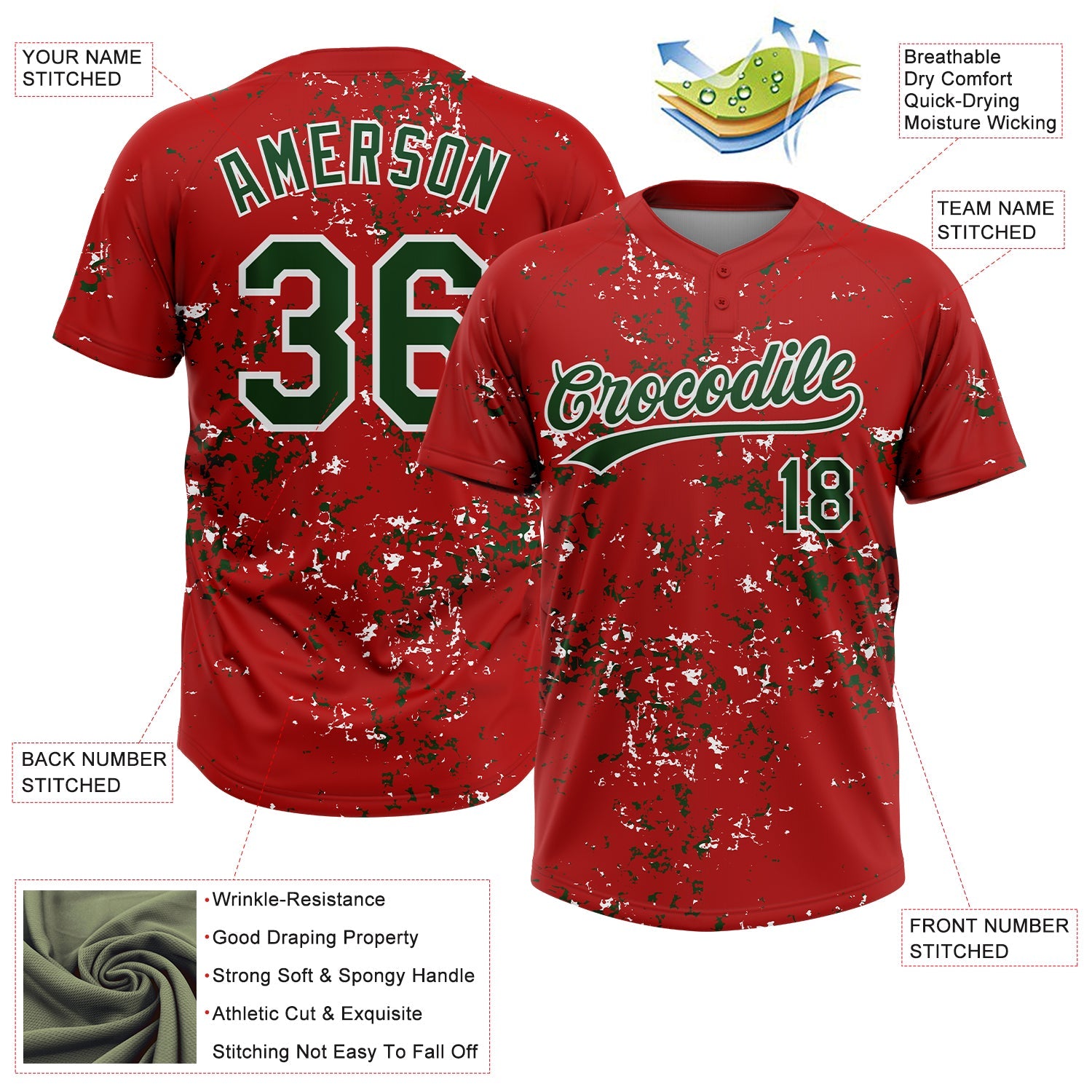 Custom Red Green-White Abstract Shattered Paint Splatter Two-Button Unisex Softball Jersey