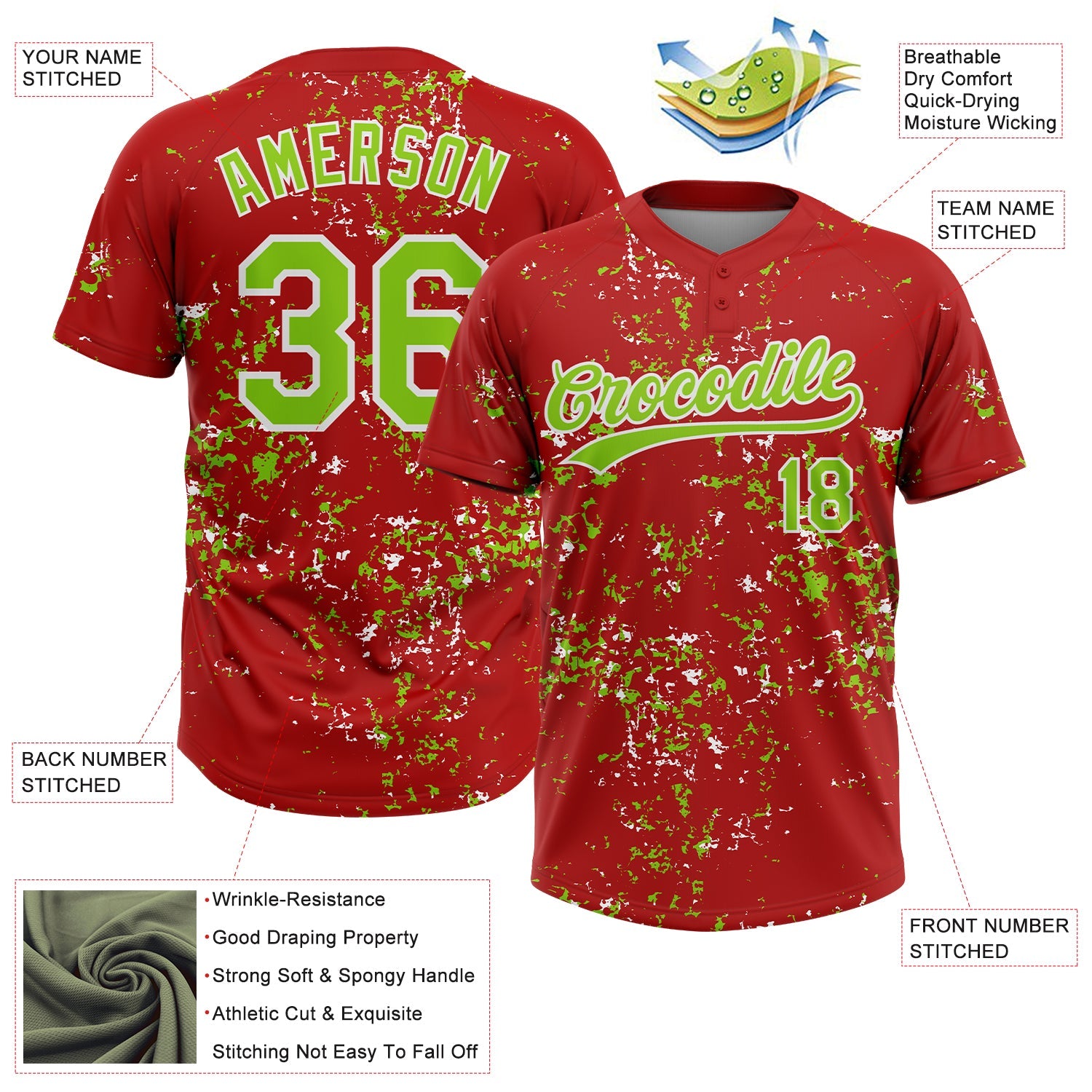 Custom Red Neon Green-White Abstract Shattered Paint Splatter Two-Button Unisex Softball Jersey
