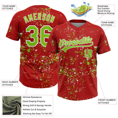 Custom Red Neon Green-White Abstract Shattered Paint Splatter Two-Button Unisex Softball Jersey
