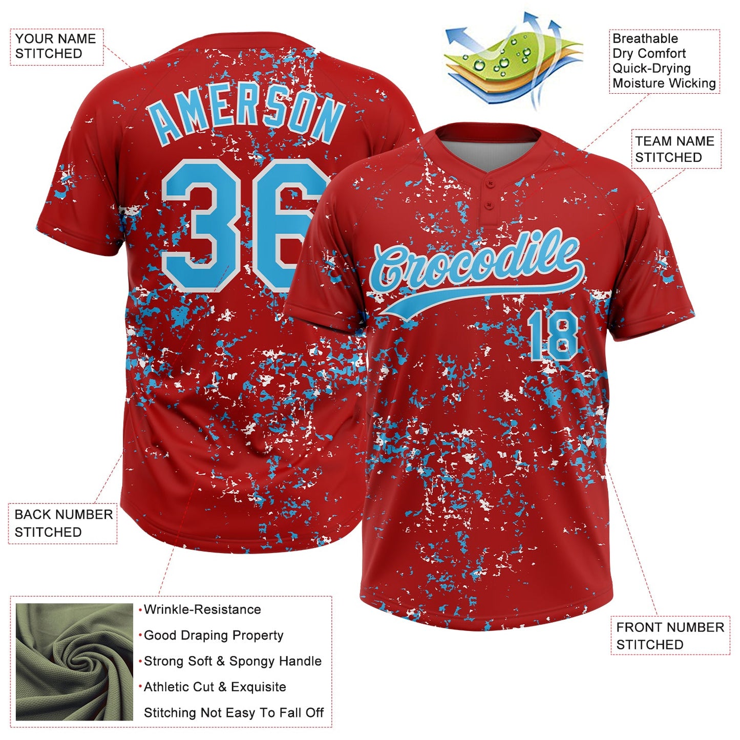 Custom Red Sky Blue-White Abstract Shattered Paint Splatter Two-Button Unisex Softball Jersey