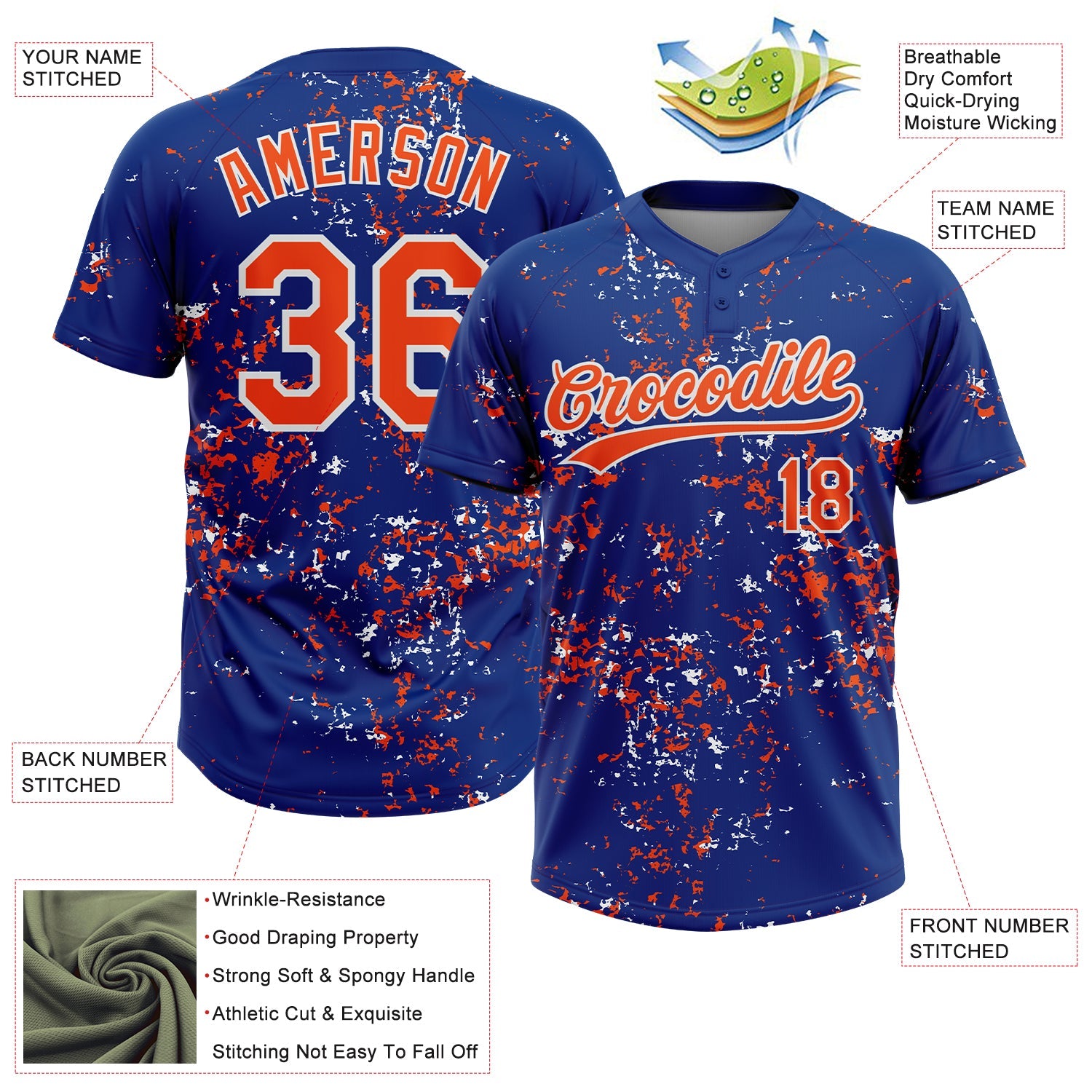 Custom Royal Orange-White Abstract Shattered Paint Splatter Two-Button Unisex Softball Jersey