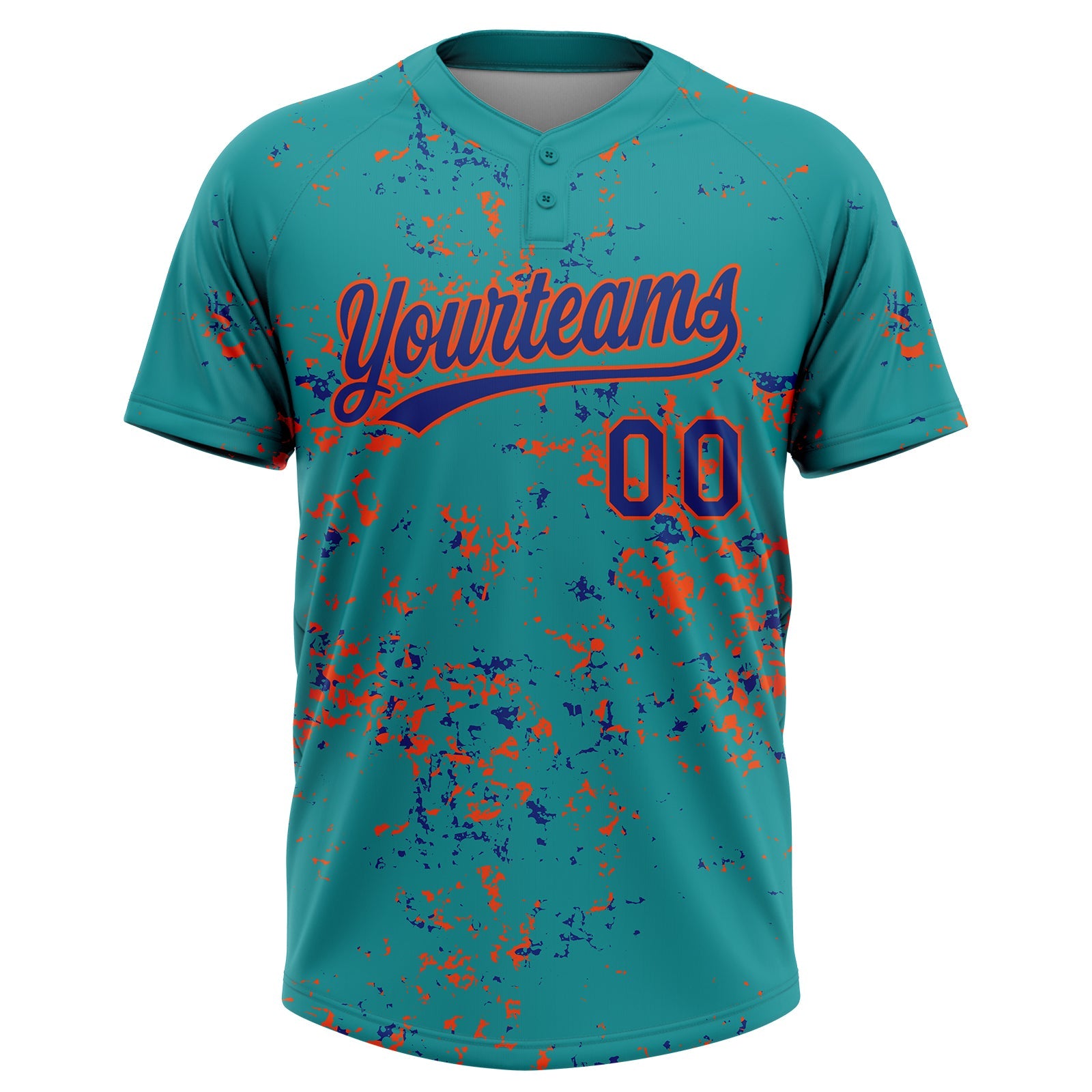 Custom Teal Royal-Orange Abstract Shattered Paint Splatter Two-Button Unisex Softball Jersey