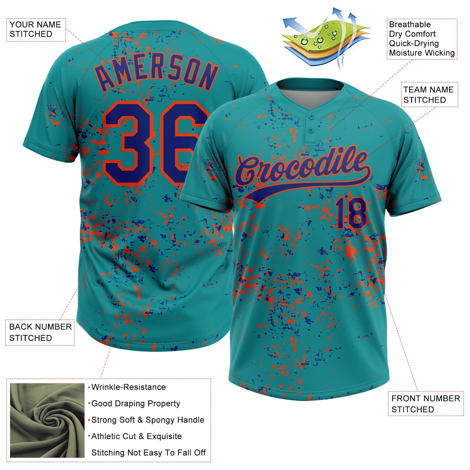 Custom Teal Royal-Orange Abstract Shattered Paint Splatter Two-Button Unisex Softball Jersey