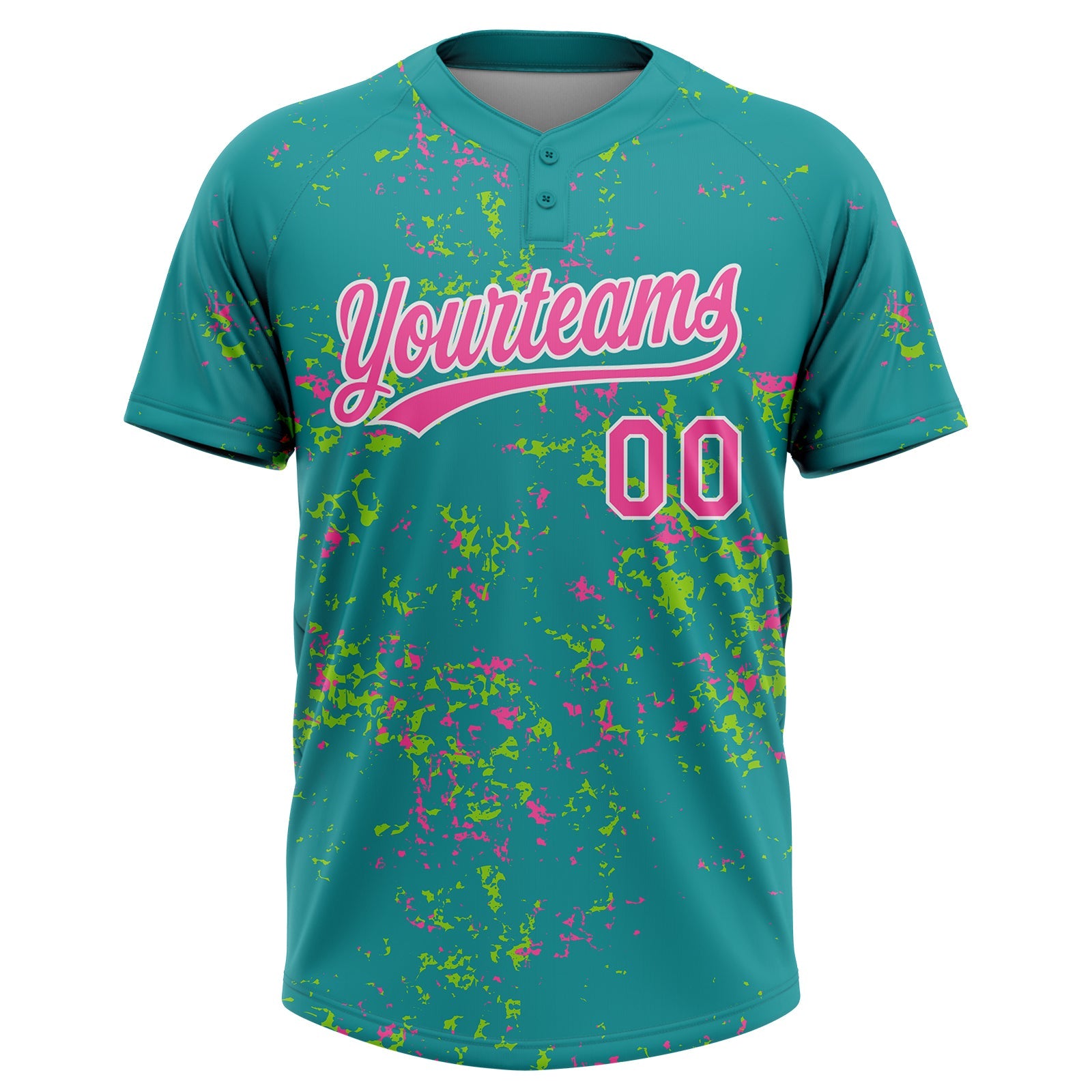 Custom Teal Pink Neon Green-White Abstract Shattered Paint Splatter Two-Button Unisex Softball Jersey