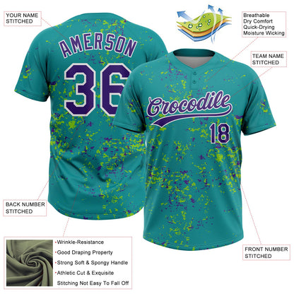 Custom Teal Purple Neon Green-White Abstract Shattered Paint Splatter Two-Button Unisex Softball Jersey