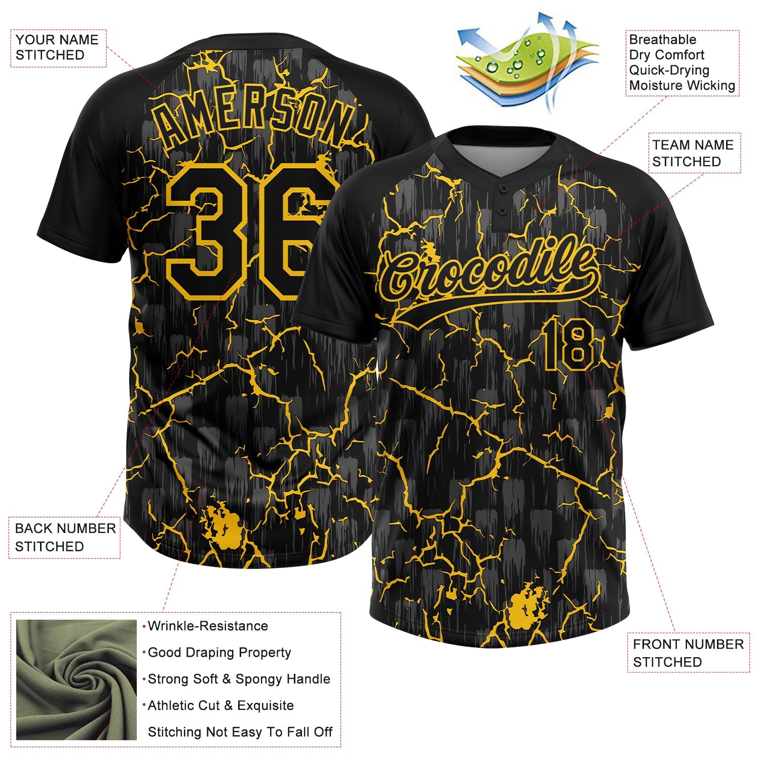 Custom Black Yellow-Gray Raglan Sleeves Neon Lightning Crackle Two-Button Unisex Softball Jersey