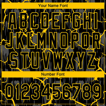 Custom Black Yellow-Gray Raglan Sleeves Neon Lightning Crackle Two-Button Unisex Softball Jersey