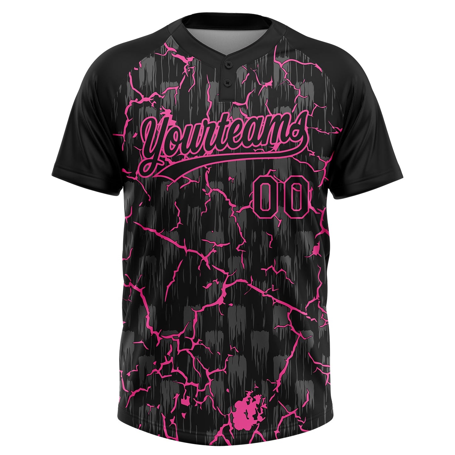 Custom Black Pink-Gray Raglan Sleeves Neon Lightning Crackle Two-Button Unisex Softball Jersey