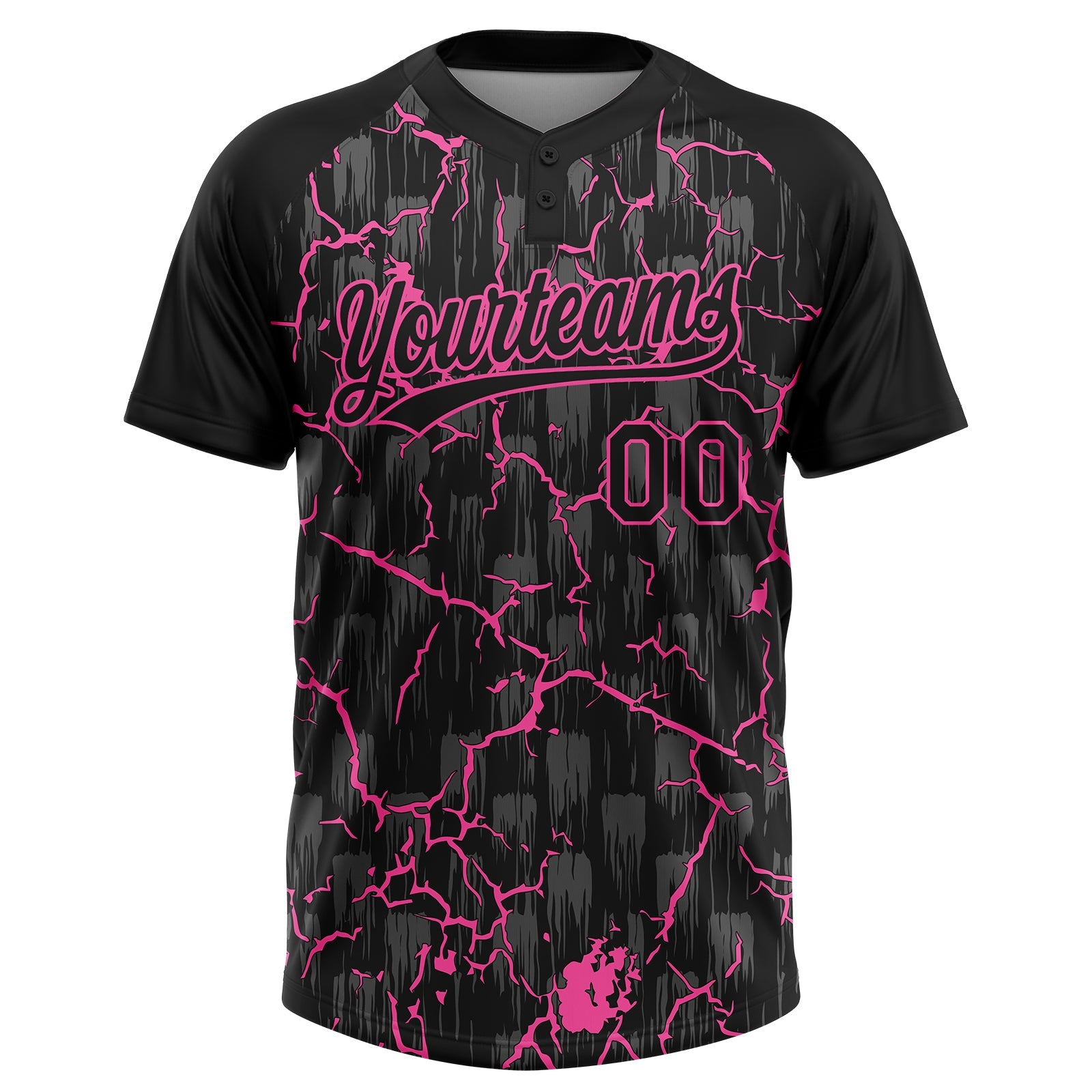 Custom Black Pink-Gray Raglan Sleeves Neon Lightning Crackle Two-Button Unisex Softball Jersey