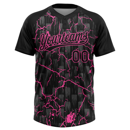 Custom Black Pink-Gray Raglan Sleeves Neon Lightning Crackle Two-Button Unisex Softball Jersey