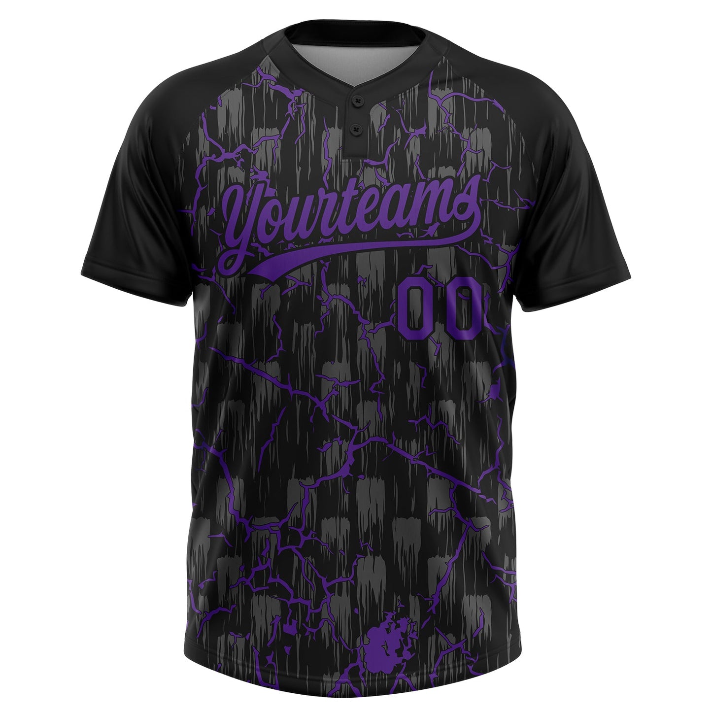 Custom Black Purple-Gray Raglan Sleeves Neon Lightning Crackle Two-Button Unisex Softball Jersey