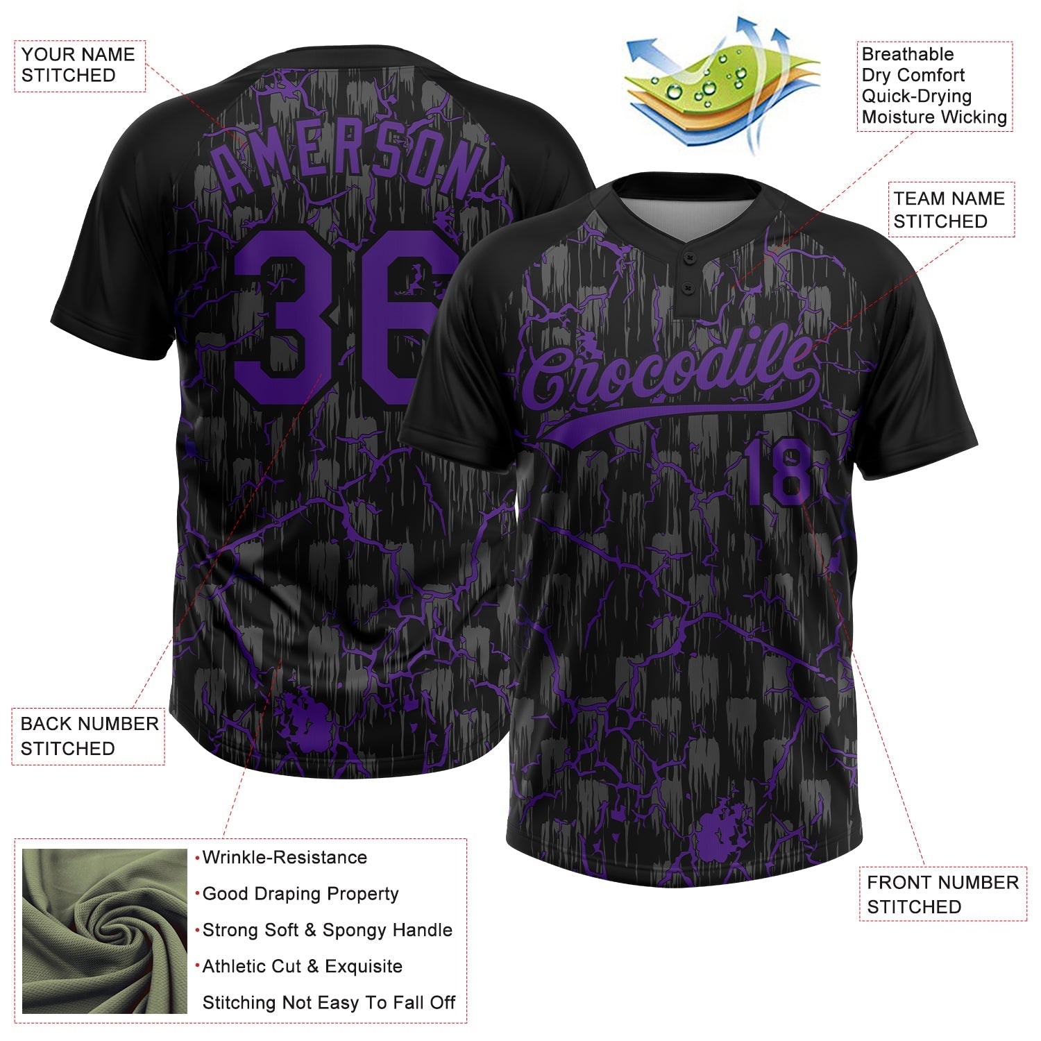 Custom Black Purple-Gray Raglan Sleeves Neon Lightning Crackle Two-Button Unisex Softball Jersey